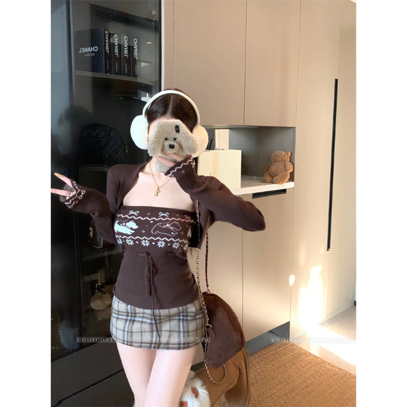 复古咖色长袖毛衣外套女冬季甜美套装提花针织抹胸背心上衣两件套,女装/女士精品,时尚套装,淘宝优惠券,粉丝福利购,淘宝优惠卷