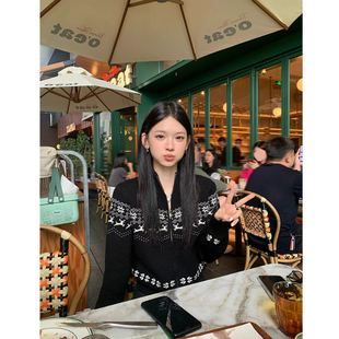 日系古着感撞色圆领拉链针织开衫女秋冬款设计感小众气质毛衣外套