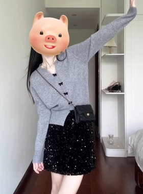 v领灰色蝴蝶结毛衣针织衫女秋冬季2026新款韩系独特别致长袖上衣