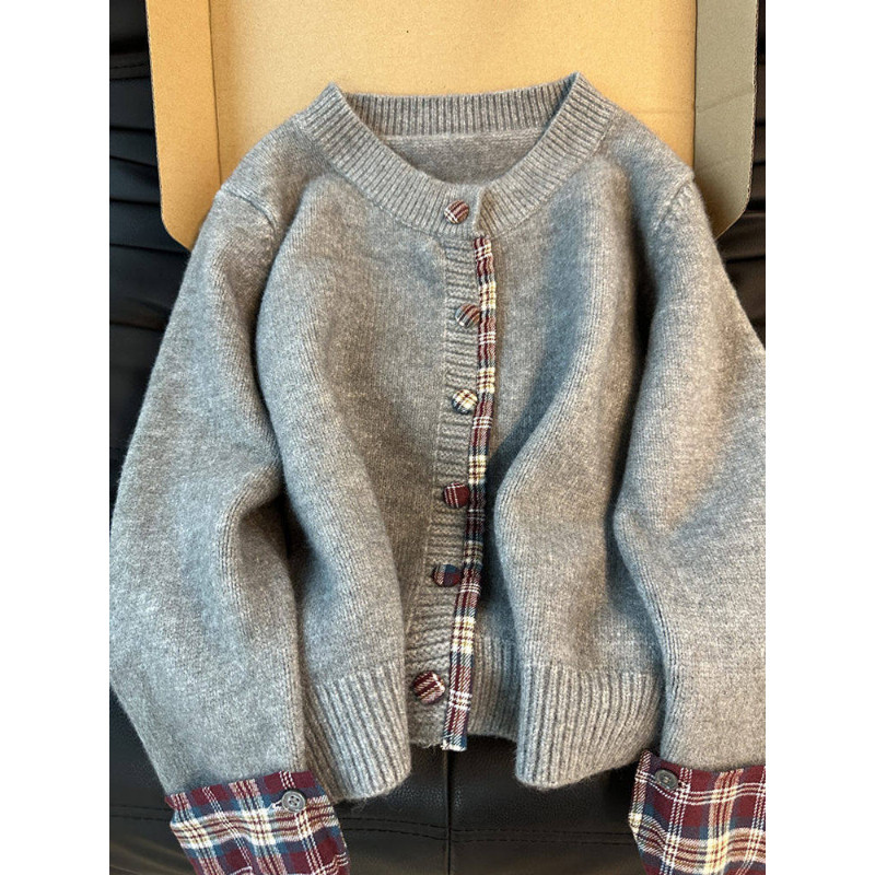 假两件韩系圆领拼接格子毛衣女2025秋冬新款针织外套宽松休闲开衫,女装/女士精品,毛针织衫,淘宝优惠券,粉丝福利购,淘宝优惠卷