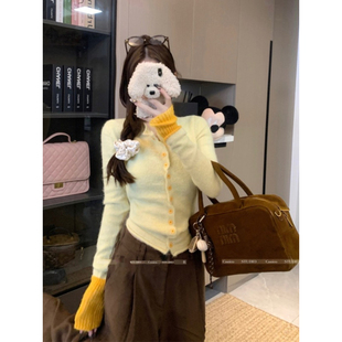 多巴胺鹅黄色撞色针织开衫女秋冬软糯慵懒风毛衣修身打底短款上衣