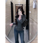 轻熟风修身 性感V领百搭镂空长袖 T恤女2026春秋新款 显瘦上衣nis潮