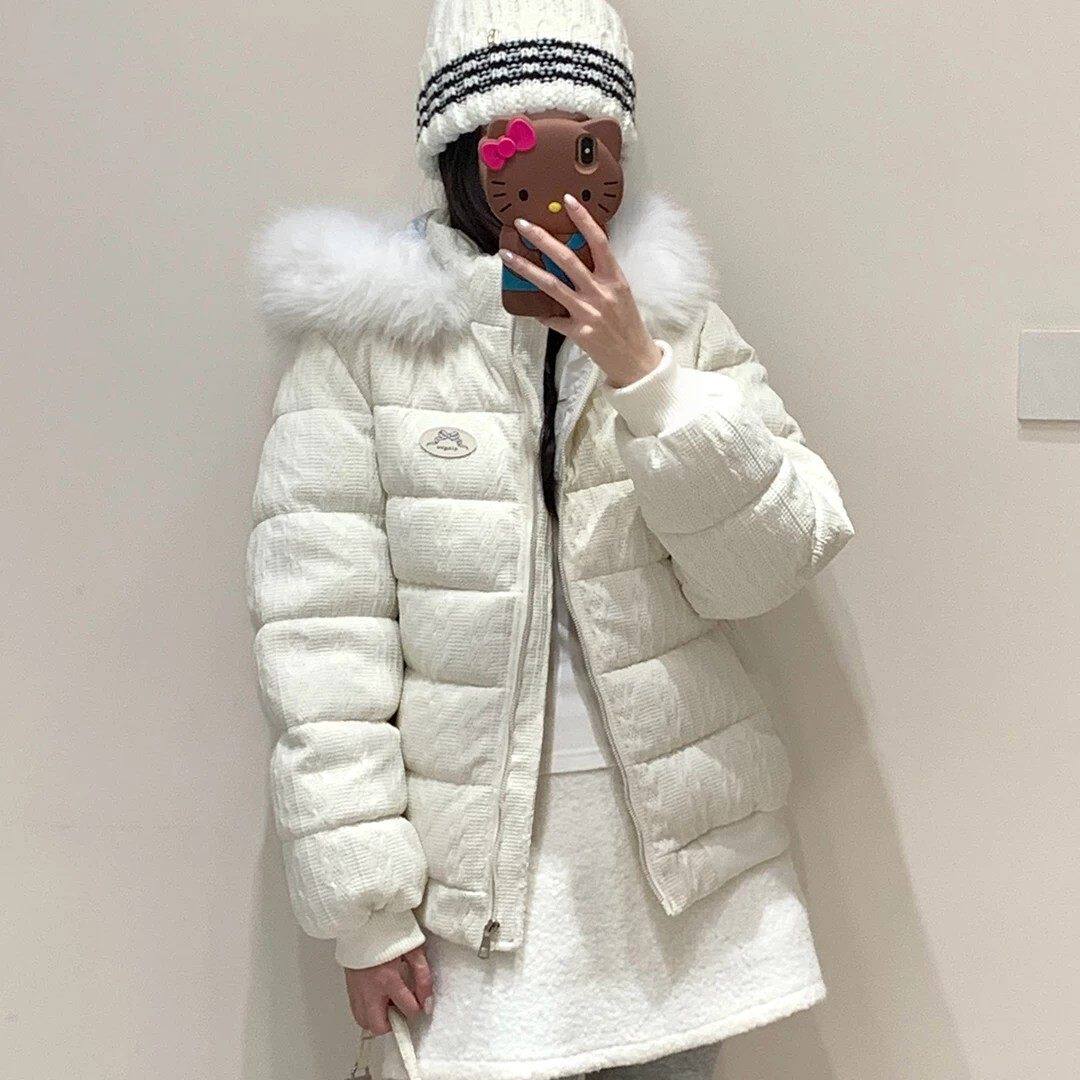 仿狐狸毛领羽绒棉服女2026冬季新款保暖面包服短款小个子棉袄外套