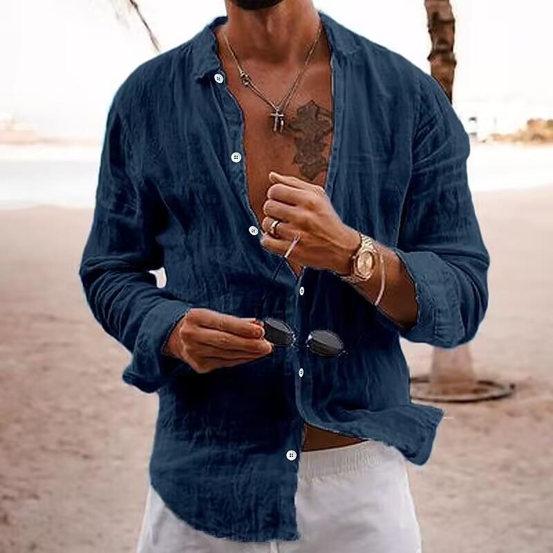 vintage mens shirts cotton linen breathable beach shirt