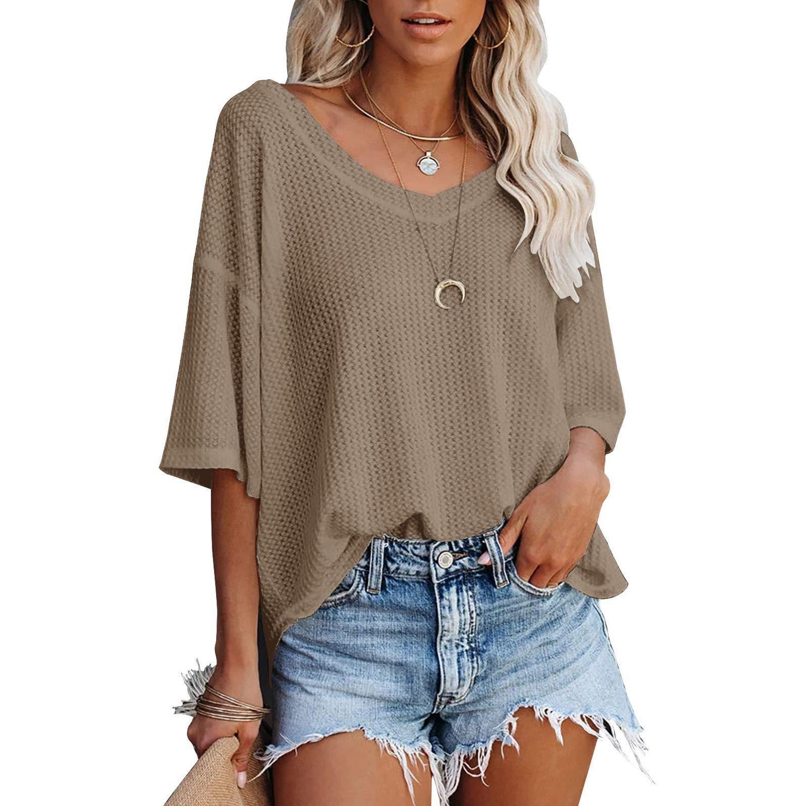 V-neck bat sleeve waffle knit loose solid color