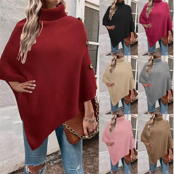 Solid color turtleneck shawl cape sweater knitted coat