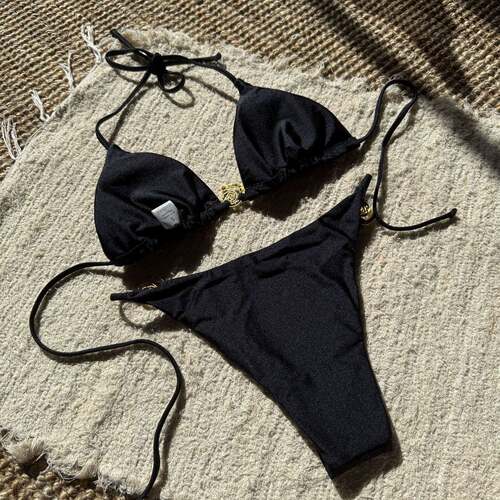 Swimsuit bikini 性感锦纶有光金属环系带露背分体泳衣比基尼