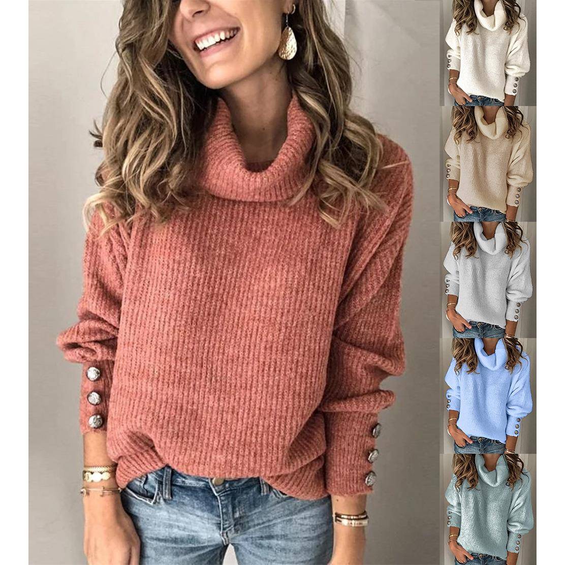 Womens tops solid sweater casual color sleeve turtleneck