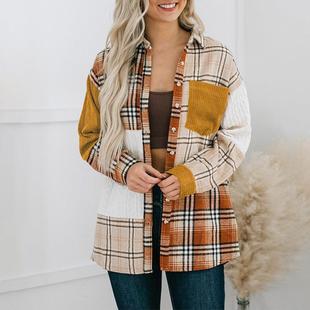 Womens Patchwork Shirt Pockets Contrast Corduroy Plaid