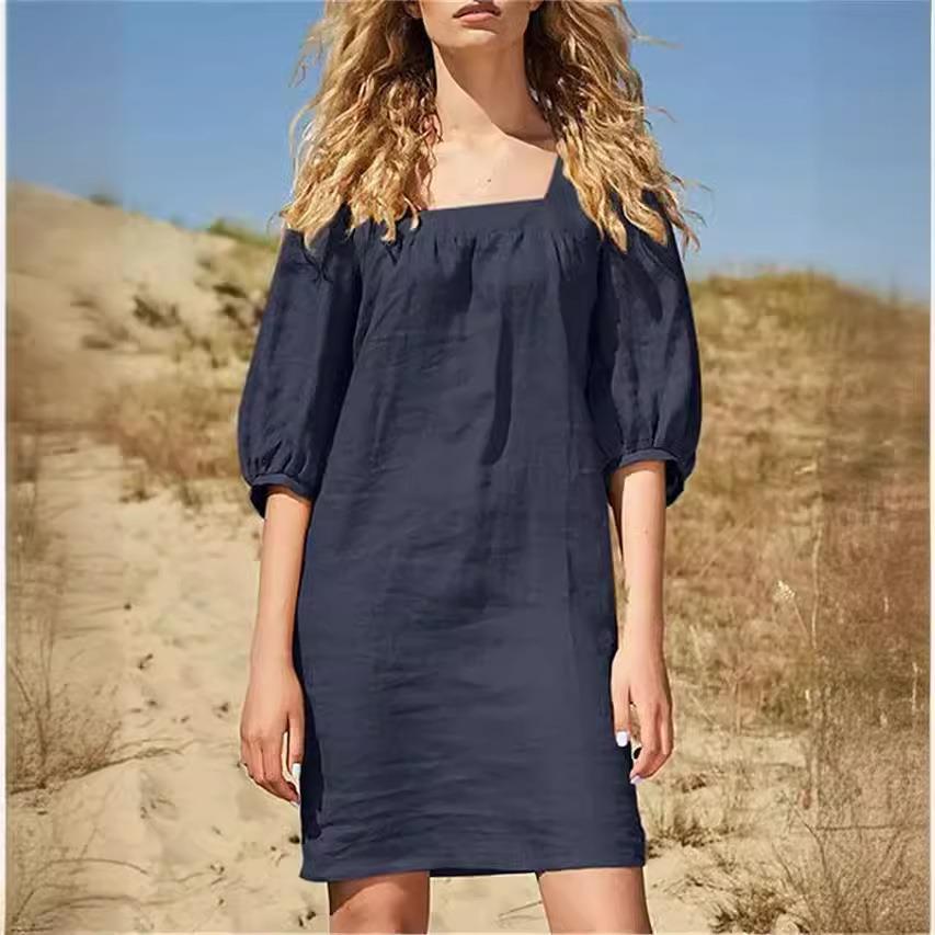 Square Neck Cotton and Linen Dress Five-point Sleeve Puff