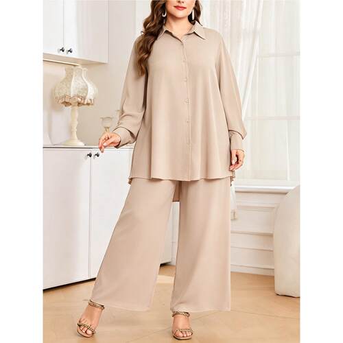 Plus Size Women's 2-Piece Outfit Loose Blouse Wide Leg Pants