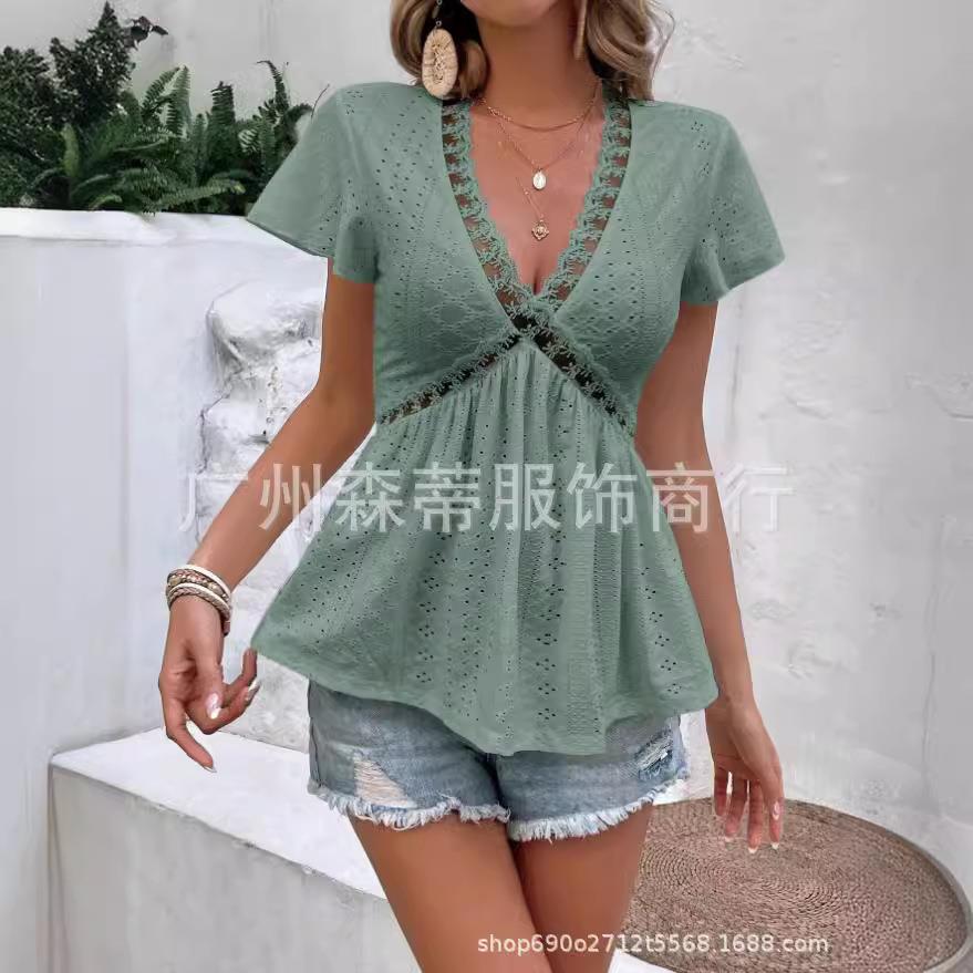 Fashion sexy short-sleeved T-shirt for women with lace