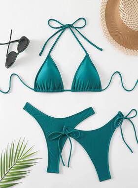 three-piece bikini swimsuit drawstrings neck swimsuit with