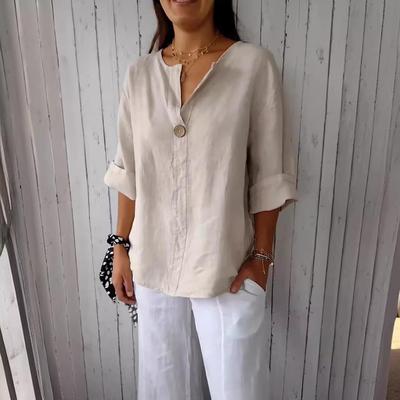 White Top Button Linen and Cotton V-neck Womens T-shirt