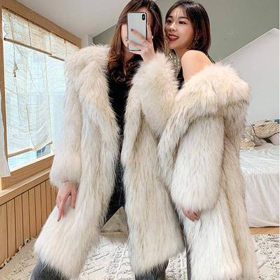 Womens raccoon fur coat long fox fur coat loose casual