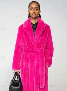 Long rabbit fur mink faux coat thick plaid womens slim