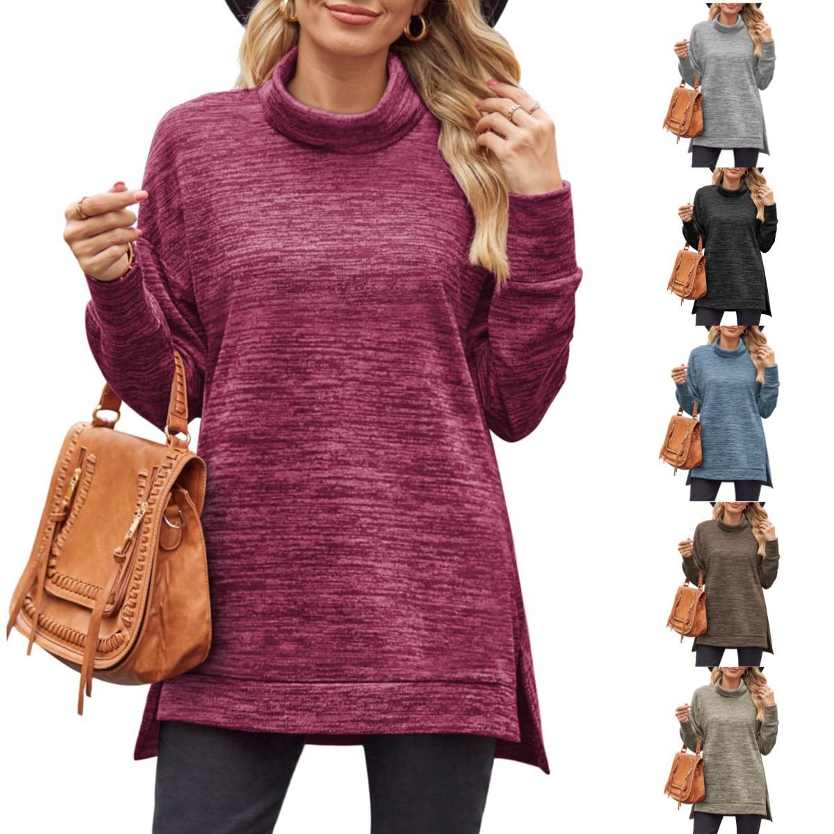 Knit Slit Side High-Low Turtleneck Waist Sleeve Long Womens