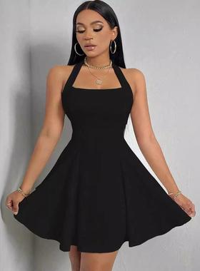 Black sexy womens halter neck dress umbrella skirt dress