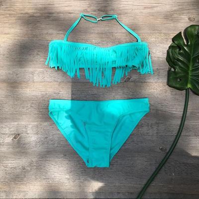 Solid color tassel bikini for girls big kids split swimsuit