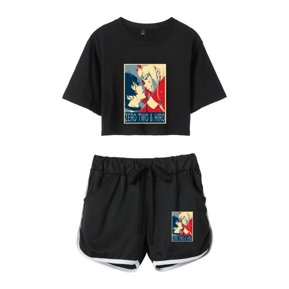 日漫Zero Two Darling In The Franxx 夏季同款女生露脐短袖短裤