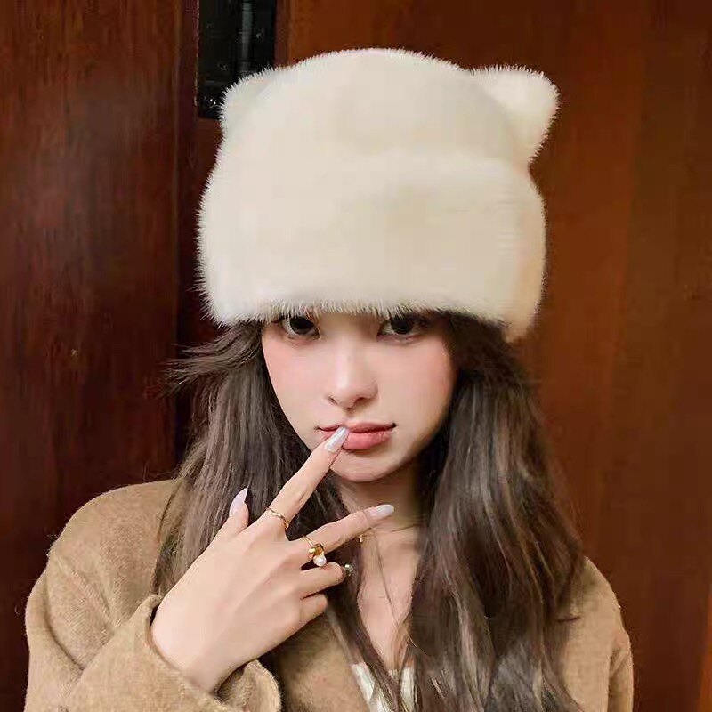 美国进口可爱小熊耳朵水貂毛整貂皮草帽子冬保暖百搭护耳女帽气质