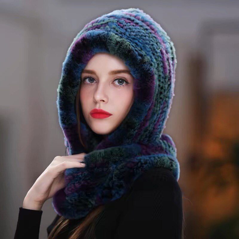 进口獭兔毛围巾帽子一体女韩版皮草帽子连体冬加厚保暖中老年围脖