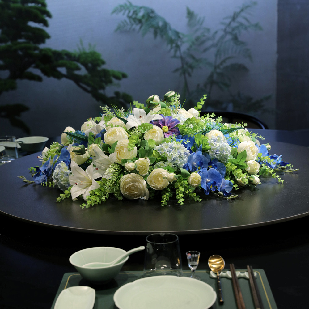 餐厅大圆桌仿真花装饰摆件高档酒店包厢圆形桌面转盘中间假花台花