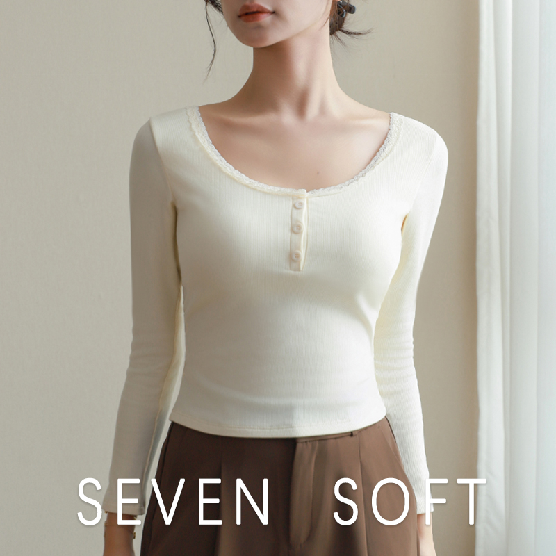 长袖蕾丝边保暖打底t恤女带胸垫