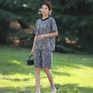 可外穿人造棉家居服兩件套裝 棉綢睡衣女夏季 短袖 寬松時尚 薄款 大碼