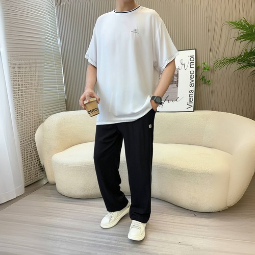 棉绸男士睡衣夏季纯棉短袖长裤大码宽松家居服青少年人造棉套装