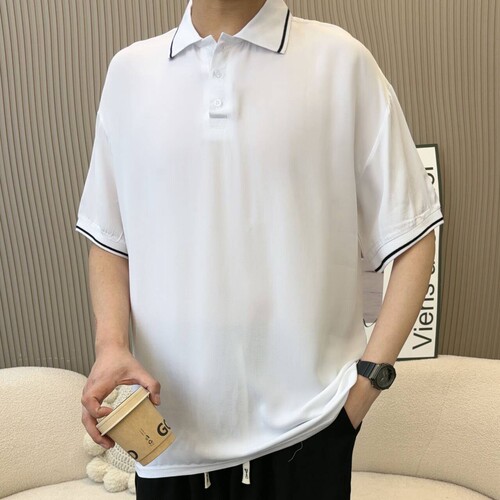 棉绸上衣男士2025夏季大码宽松翻领衬衫休闲t恤人造棉polo衫短袖