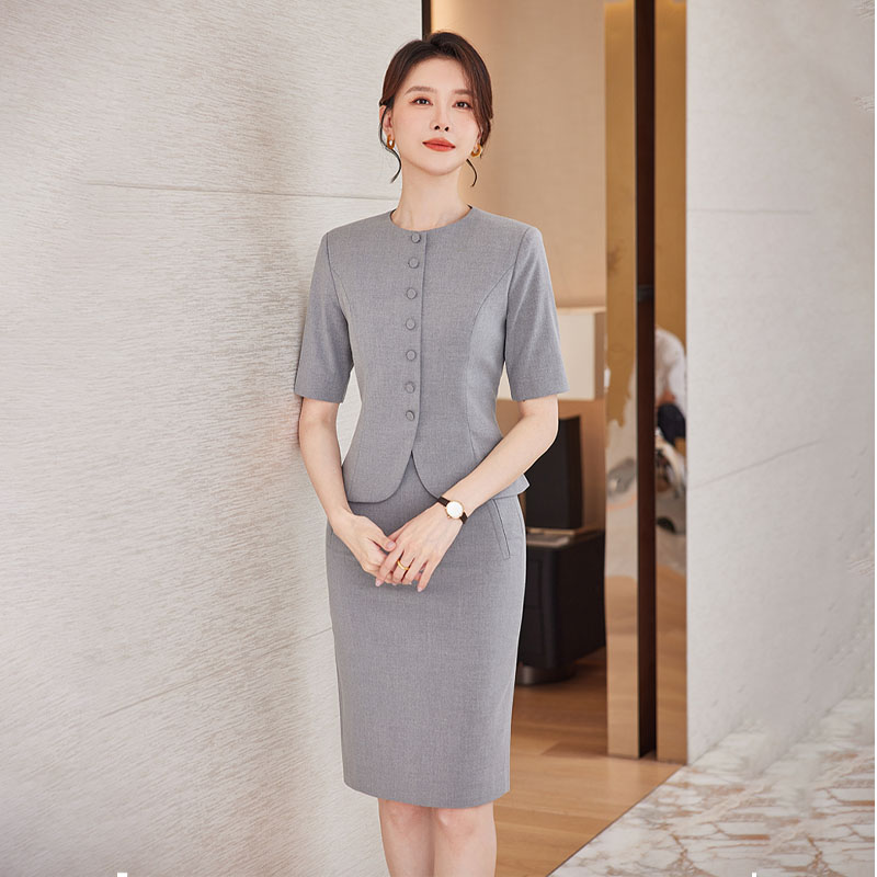 诗璐雅高级灰色短袖西装套装女优雅气质夏季职业装西服裙子两件套