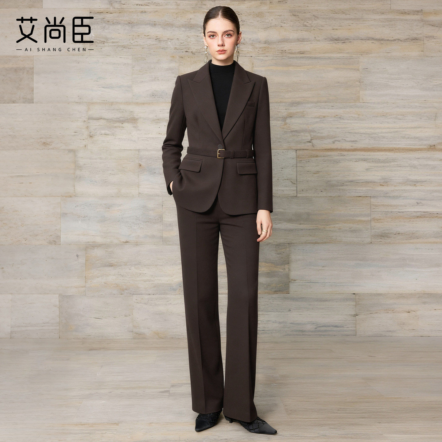 艾尚臣西装套装女2025冬季通勤毛呢西服职业装极简风厚羊毛两件套