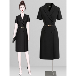 黑色西装连衣裙中长款正式场合高级感职业通勤面试西服裙子女夏季