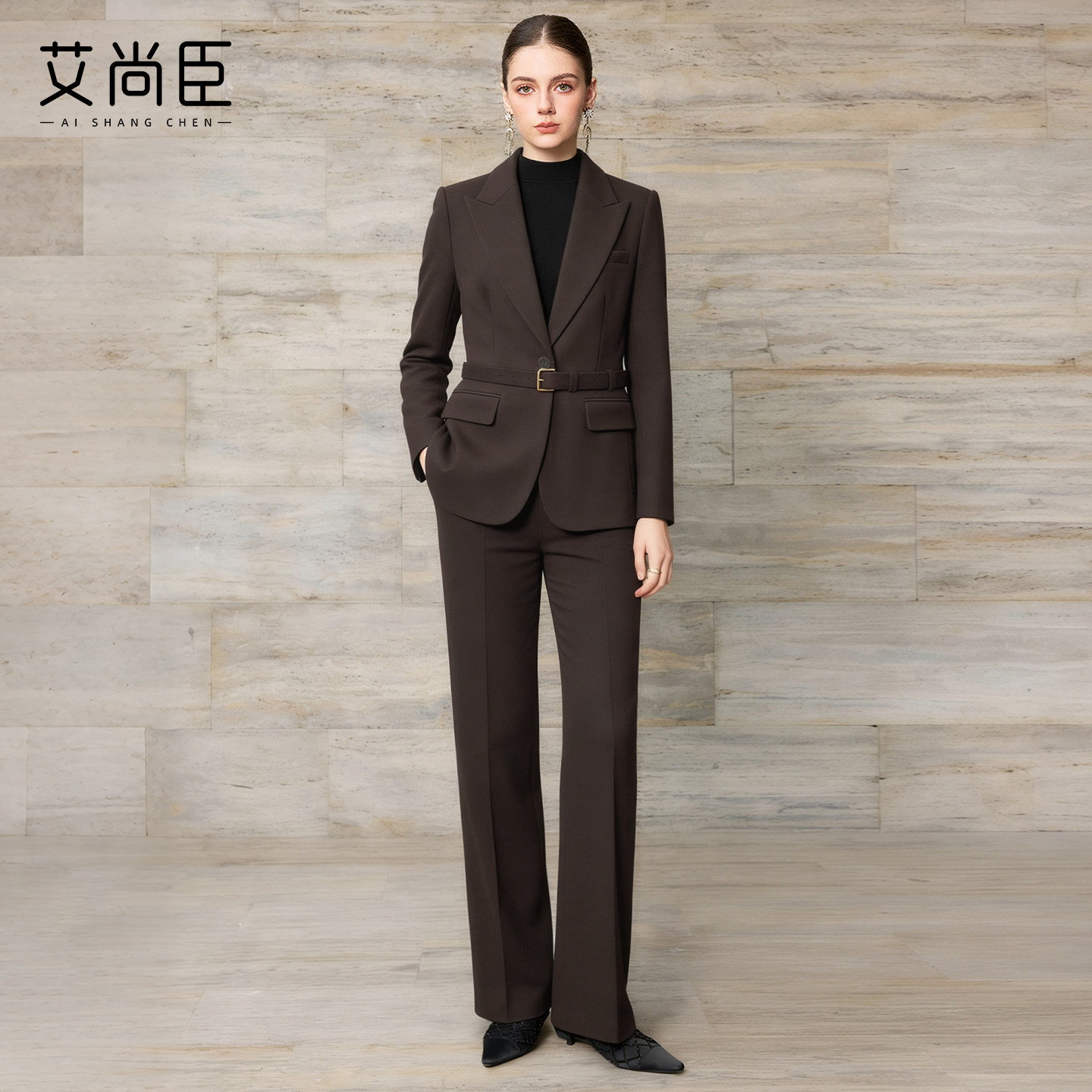 艾尚臣西装套装女2025冬季通勤毛呢西服职业装极简风厚羊毛两件套