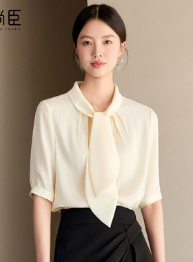 艾尚臣高级感雪纺衬衫女夏季短袖衬衣通勤百搭夏季小香风杏色上衣