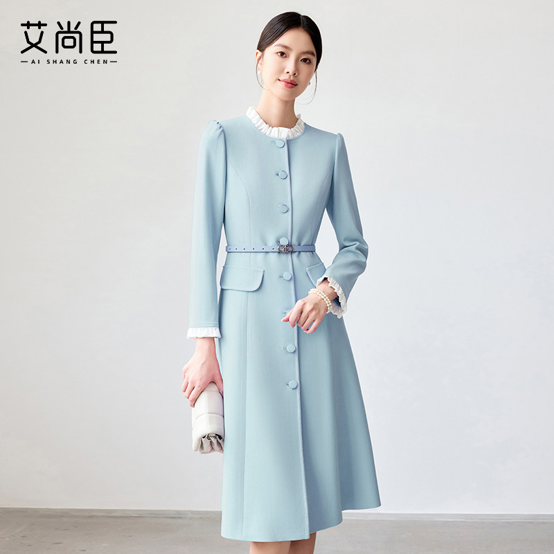 艾尚臣蓝色连衣裙女2026春新款木耳边拼色简约纯色长袖裙子工作服