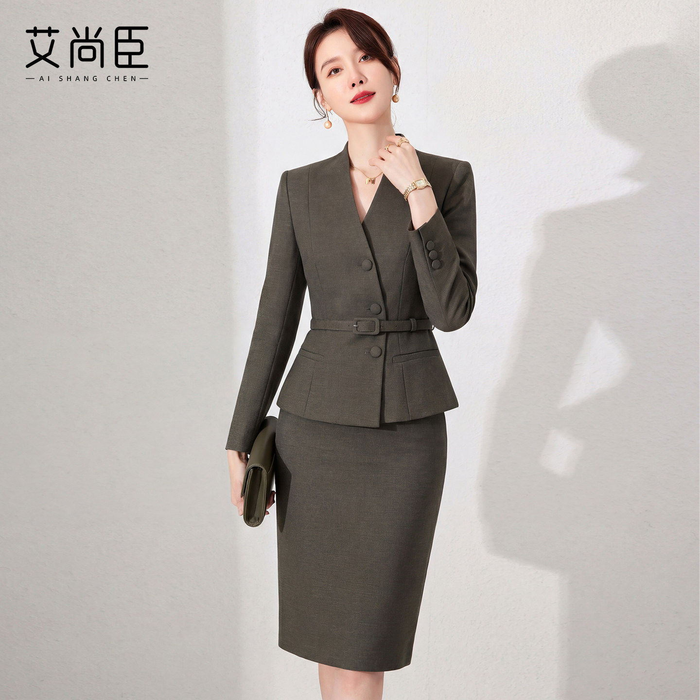 艾尚臣长袖西装半裙两件套女2026年春季高级感西服通勤职业装套装