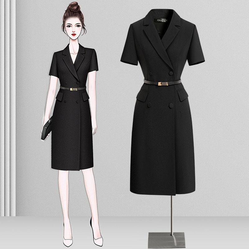 黑色西装连衣裙中长款正式场合高级感职业通勤面试西服裙子女夏季