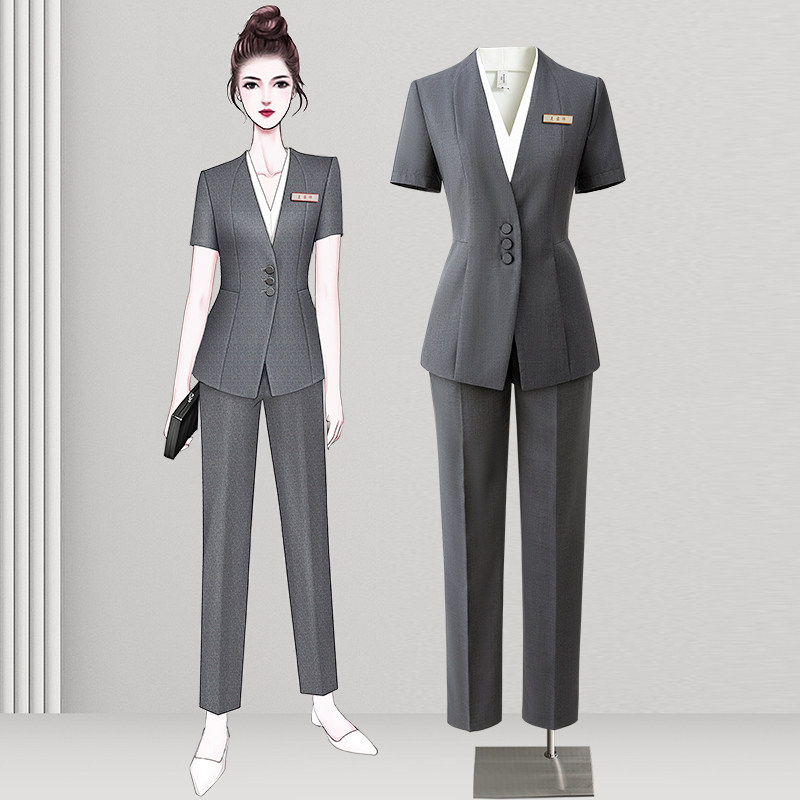 短袖西装套装女小个子薄款职业西服时尚气质银行珠宝店工作服夏季