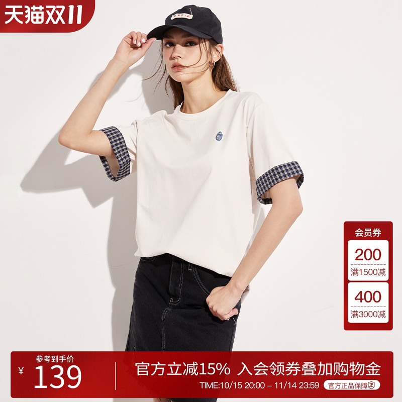 Basic House/百家好学院风拼接格子短袖T恤女2025夏季宽松打底衫