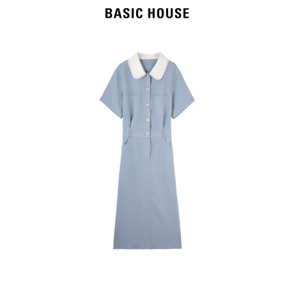 Basic House/百家好气质茶歇连衣裙女2024夏季新款娃娃领长裙子