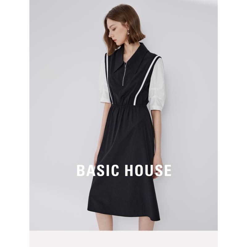 Basic House/百家好半拉链拼色连衣裙2025夏季新款收腰显瘦a字裙