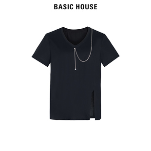 House Basic 鸡心领短袖 2024夏季 T恤女 饰半袖 百家好项链装 打底衫