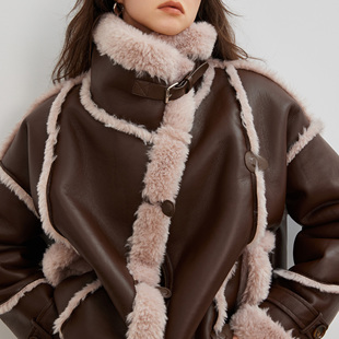 外套女2024冬季 百家好酷飒加绒短款 仿皮毛一体机车服 House Basic