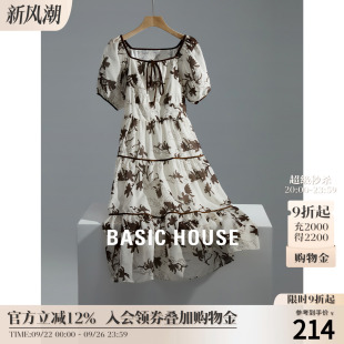 新款 百家好优雅碎花方领连衣裙2025夏季 显瘦遮肉长裙 House Basic