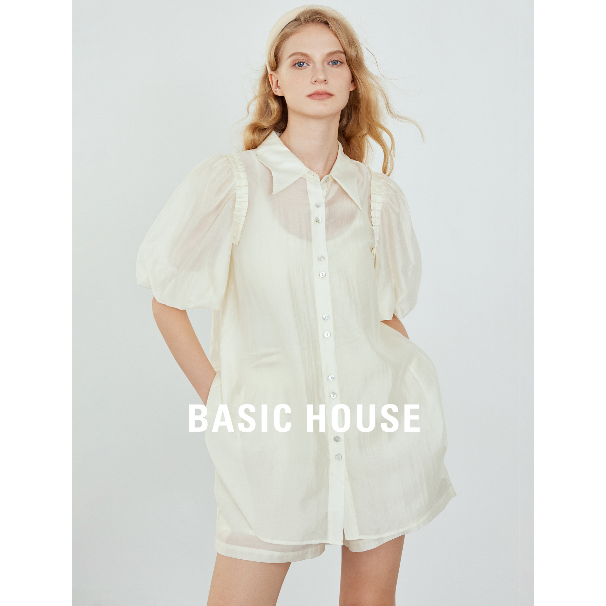 Basic House/百家好灯笼袖衬衫套装两件套女2024夏款新款时尚短裤