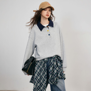 减龄显瘦上衣 百家好学院风灰色POLO领卫衣女2025秋季 Basic House