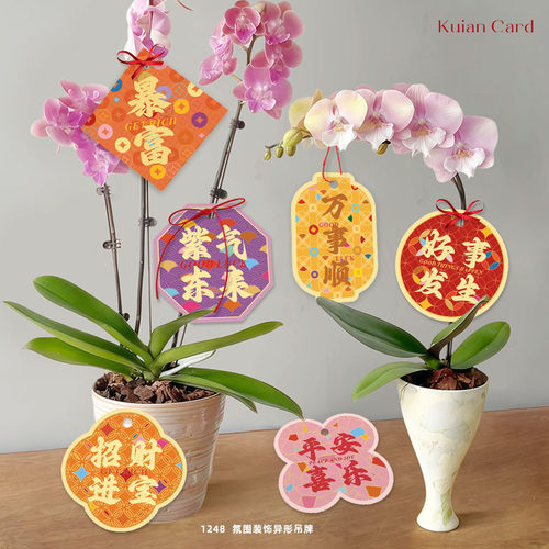 新年年宵花装饰吊牌蝴蝶兰冬青绿植祝福吊卡春节过年布置拍照道具