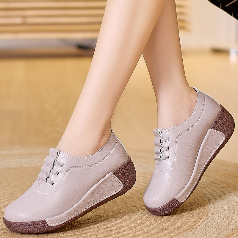 真皮不累脚增高厚底坡跟松糕休闲防滑单鞋一脚蹬懒人鞋妈妈女鞋